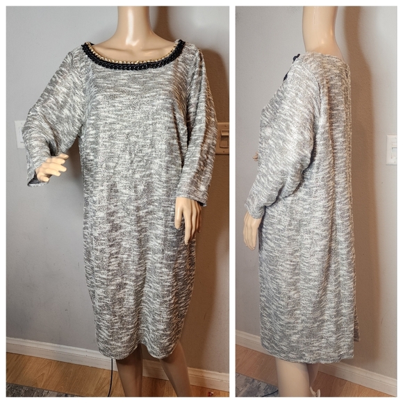 NWT Chetta B Metallic Grey Embellished Neckline Tweed Shift Dress Sz 16W Stretch - Picture 4 of 17
